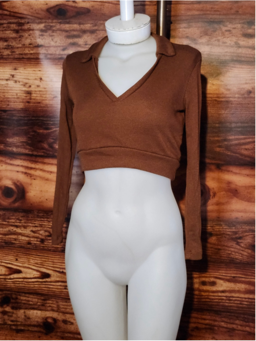 Women's Altar'd State Long Sleeve Ribbed Crop Top Brown XS